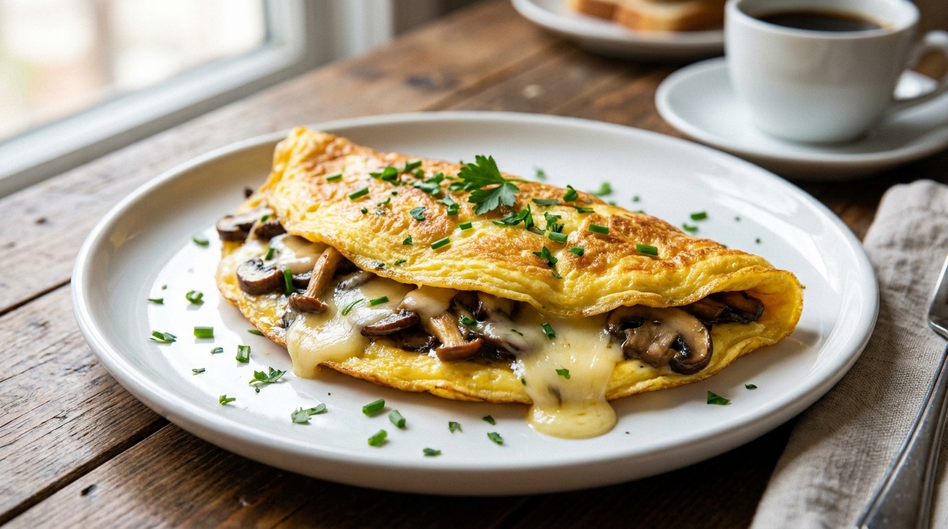 savourez une délicieuse omelette gourmande préparée avec des champignons frais et du fromage onctueux, parfaite pour un repas simple et raffiné.