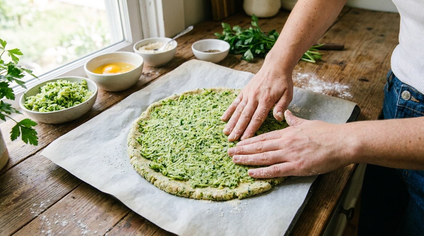 découvrez notre délicieuse pizza légère avec une croûte de brocoli croustillante, garnie d’un pesto d’épinards vibrant pour un repas savoureux et sain.