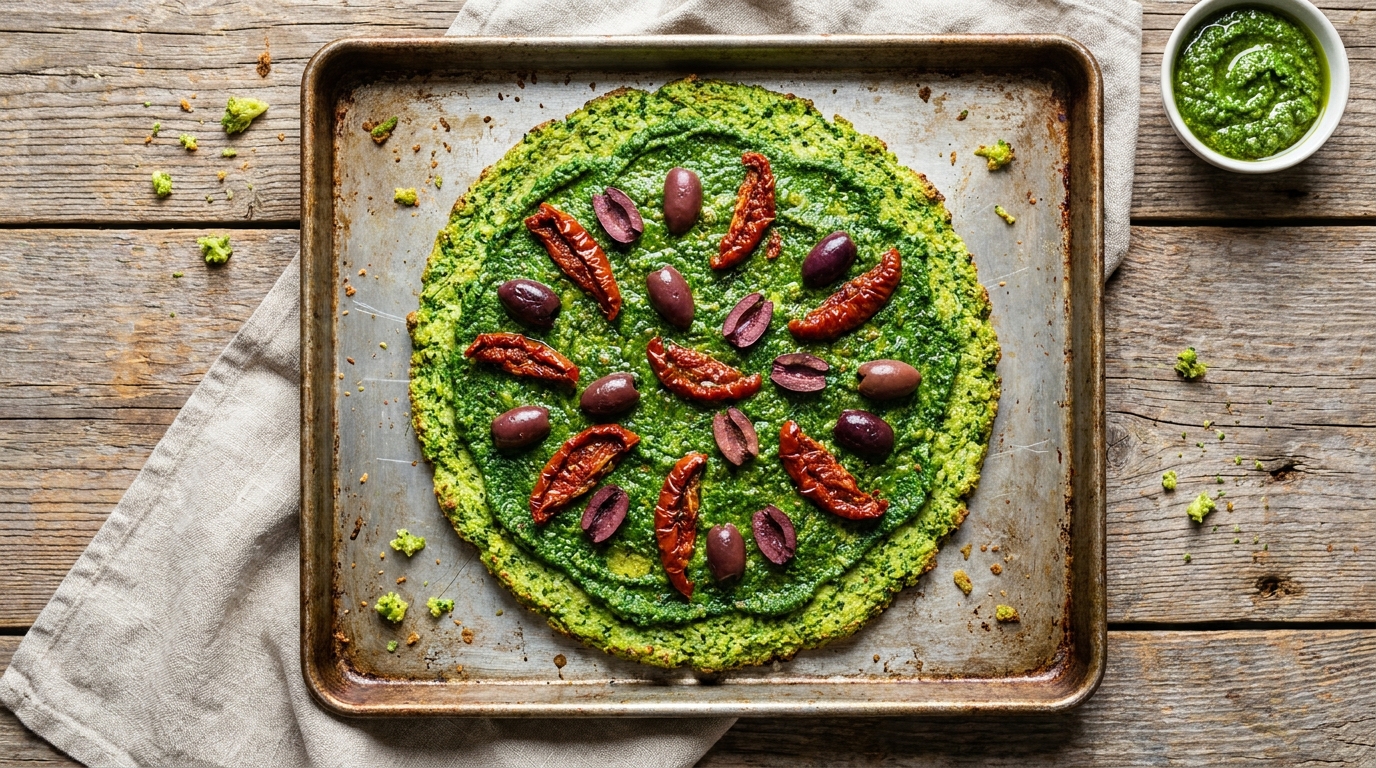 découvrez notre délicieuse pizza légère avec une croûte de brocoli croustillante, garnie d’un pesto d’épinards vibrant. une recette saine et savoureuse pour un repas équilibré.