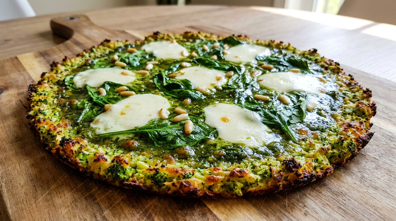 découvrez notre délicieuse pizza légère avec une croûte de brocoli croustillante et un pesto d’épinards vibrant, pour un repas sain et savoureux.