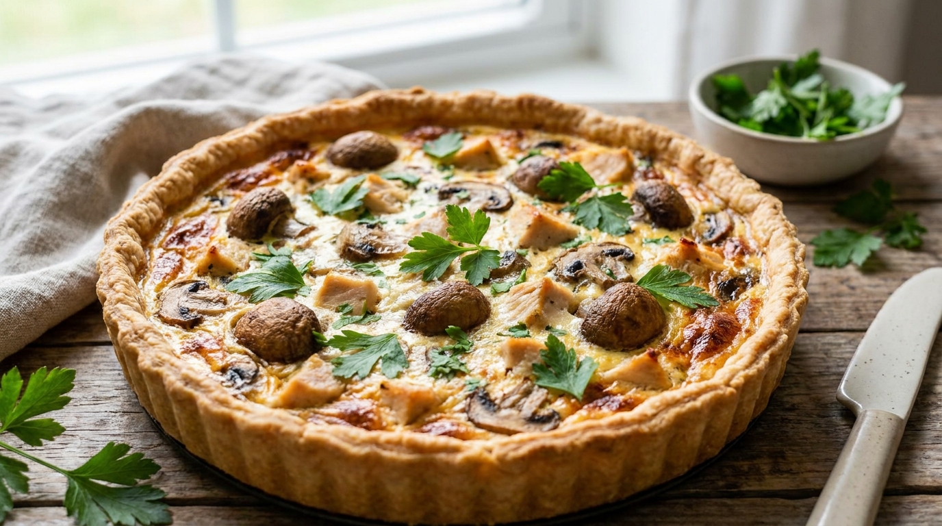 découvrez notre recette de quiche légère au poulet, champignons frais et persil parfumé, pour un repas savoureux et équilibré à partager en famille.