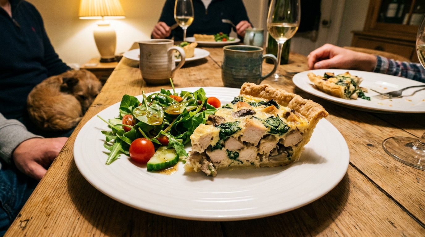 découvrez notre recette facile et légère de quiche au poulet, champignons frais et persil parfumé, parfaite pour un repas savoureux et équilibré.