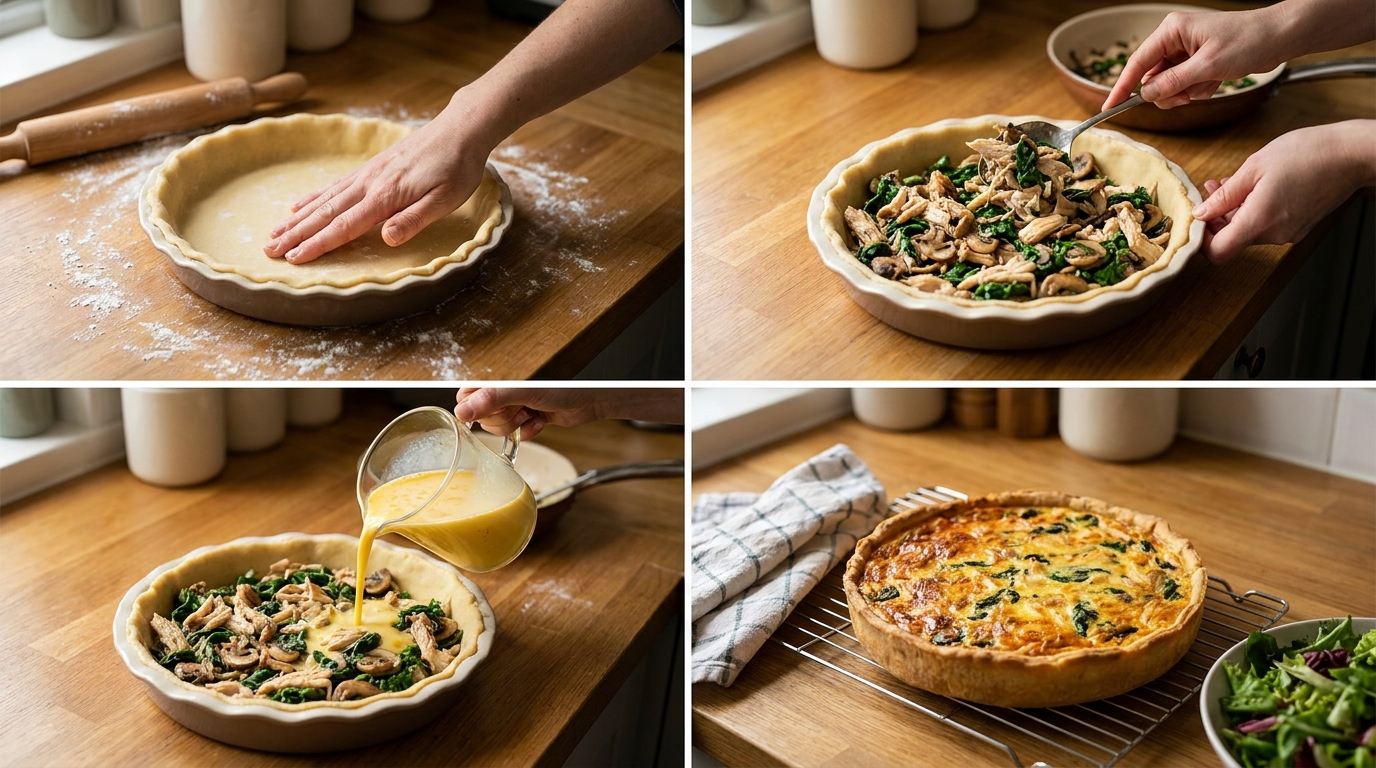 savourez une quiche légère au poulet tendre, champignons frais et persil parfumé, idéale pour un repas gourmand et équilibré.