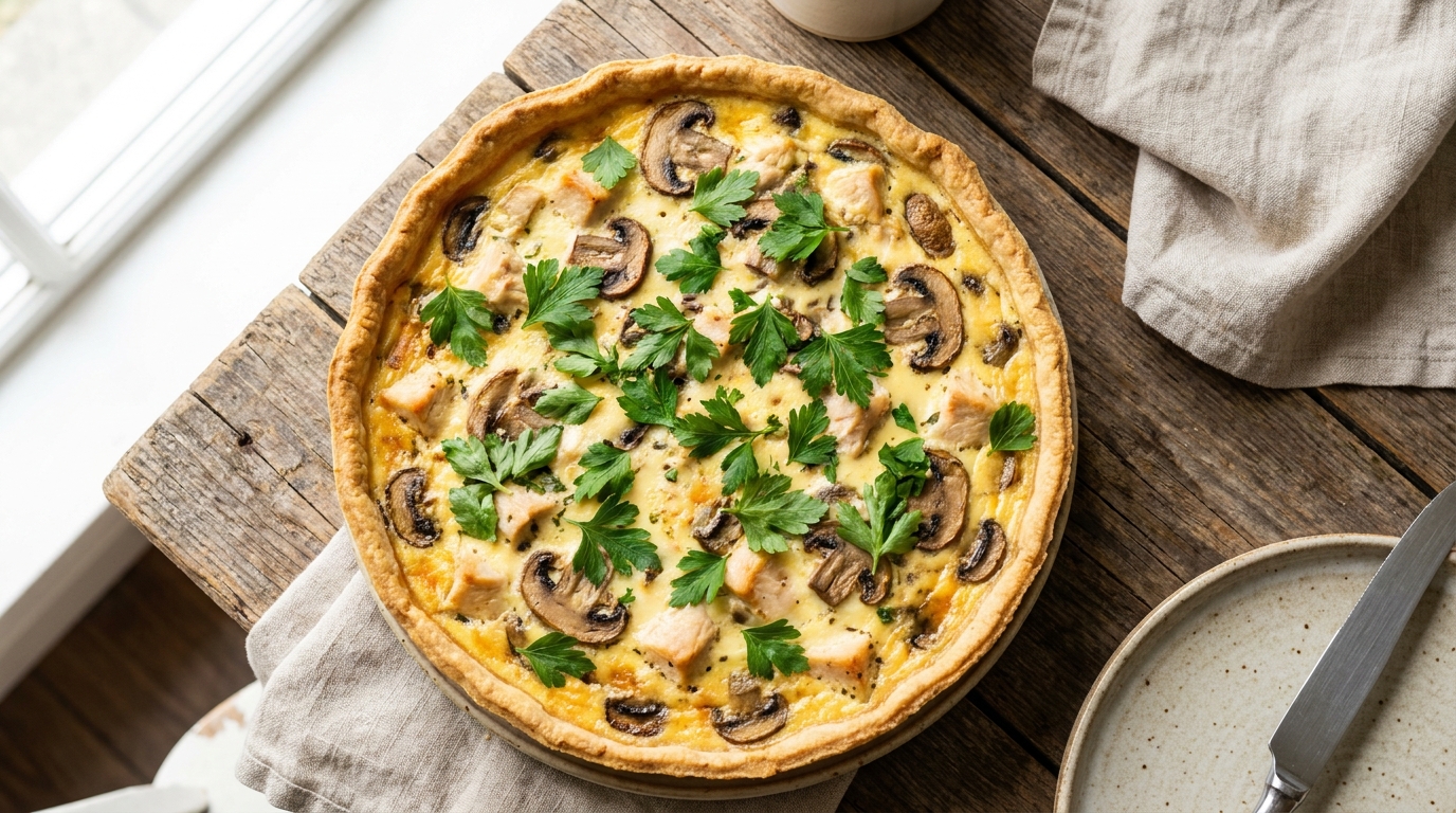 découvrez notre quiche légère au poulet, aux champignons frais et au persil parfumé, une recette savoureuse et équilibrée parfaite pour un repas gourmand et sain.