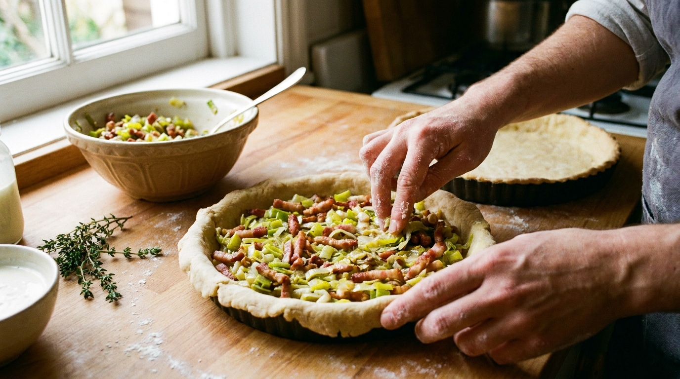 découvrez notre délicieuse tarte aux poireaux, garnie de lardons croustillants et de fromage frais onctueux, pour un goût savoureux et réconfortant à chaque bouchée.