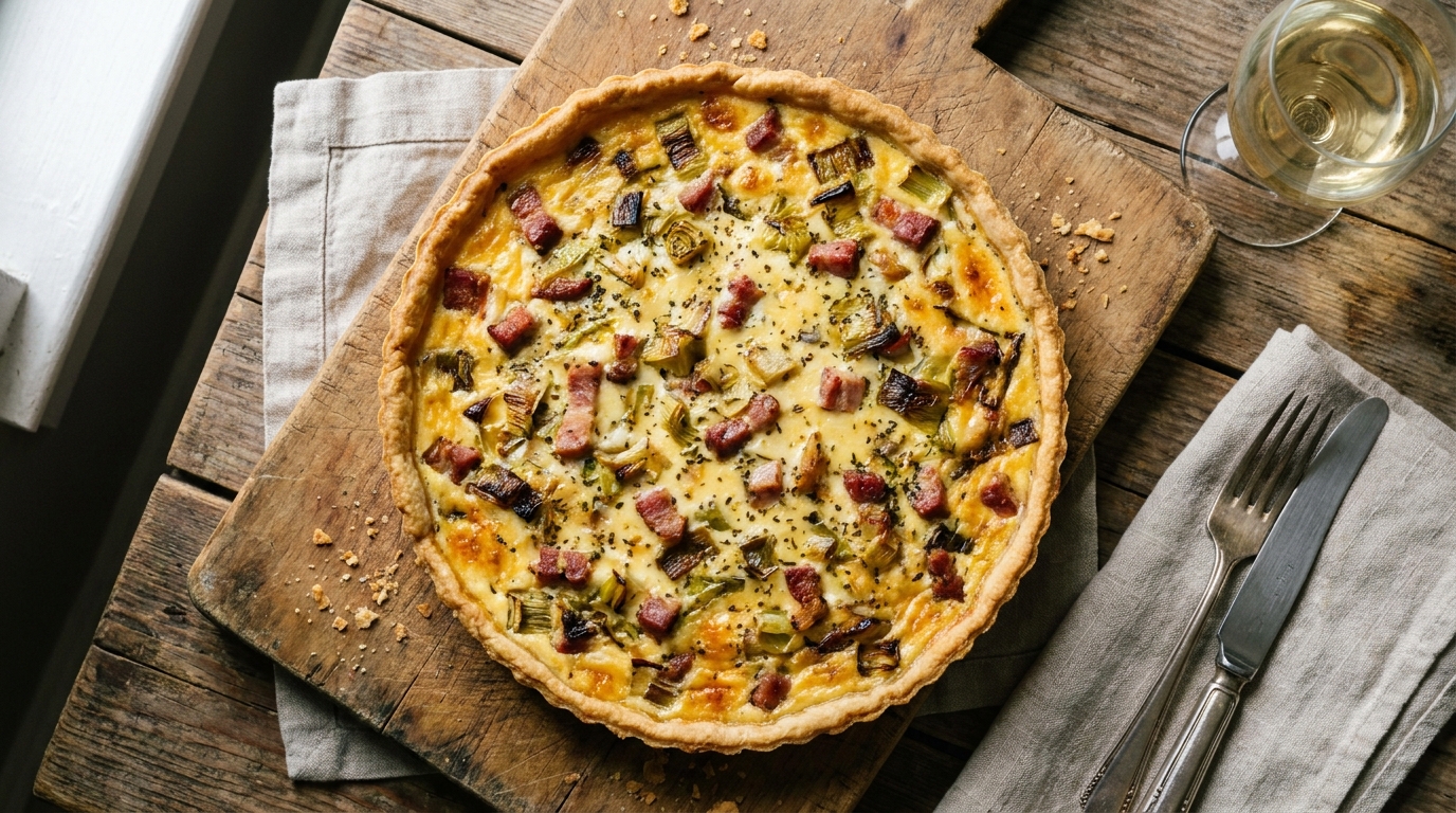 savourez une délicieuse tarte aux poireaux, garni de lardons croustillants et de fromage frais onctueux, parfaite pour un repas gourmand et réconfortant.