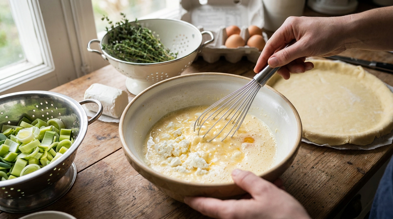 découvrez notre recette savoureuse de tarte aux poireaux avec des lardons croustillants et un fromage frais onctueux, parfaite pour un repas gourmand et facile à préparer.