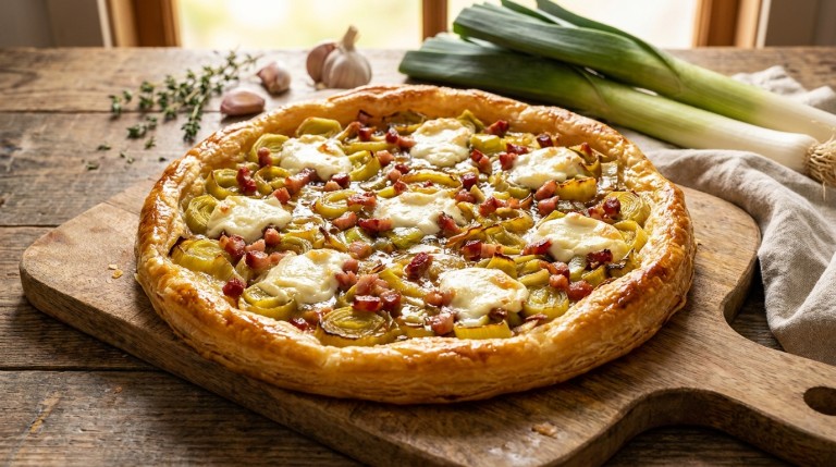 découvrez notre recette savoureuse de tarte aux poireaux, avec des lardons croustillants et un fromage frais onctueux, parfaite pour un repas gourmand et réconfortant.