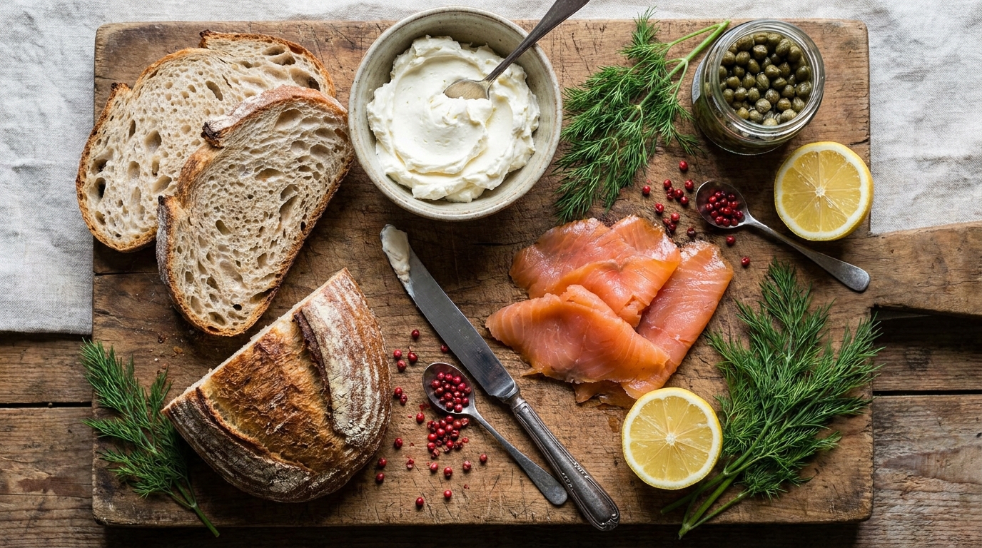 savourez une délicieuse tartine alliant le fromage frais onctueux et le saumon fumé savoureux, idéale pour un repas gourmand et raffiné.
