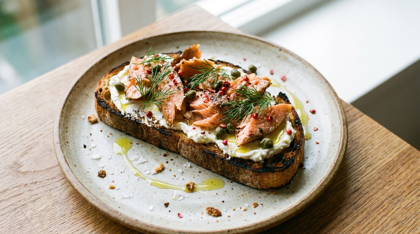 savourez une délicieuse tartine composée de fromage frais onctueux et de saumon fumé savoureux, parfaite pour un déjeuner frais et gourmand.