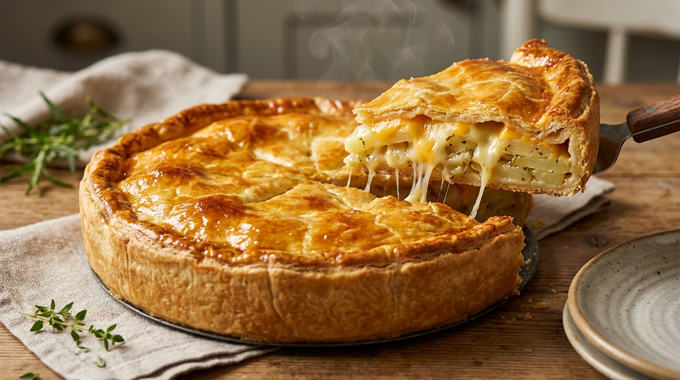 découvrez une délicieuse tourte gourmande mêlant fromage fondant et pommes de terre savoureuses, parfaite pour un repas réconfortant et plein de saveurs.