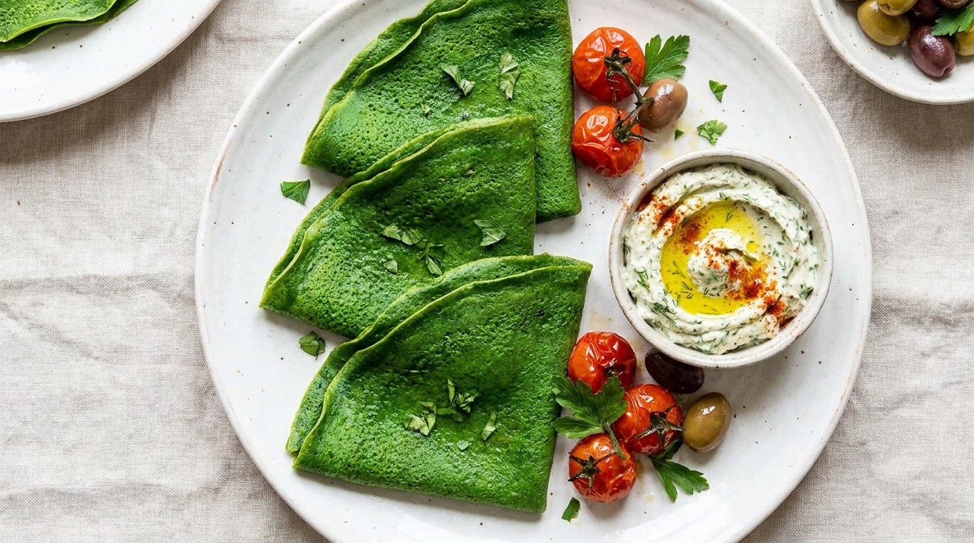 découvrez notre recette savoureuse de crêpes aux épinards, garnies d'une tartinade végétale aux herbes de provence, pour un repas sain et gourmand.