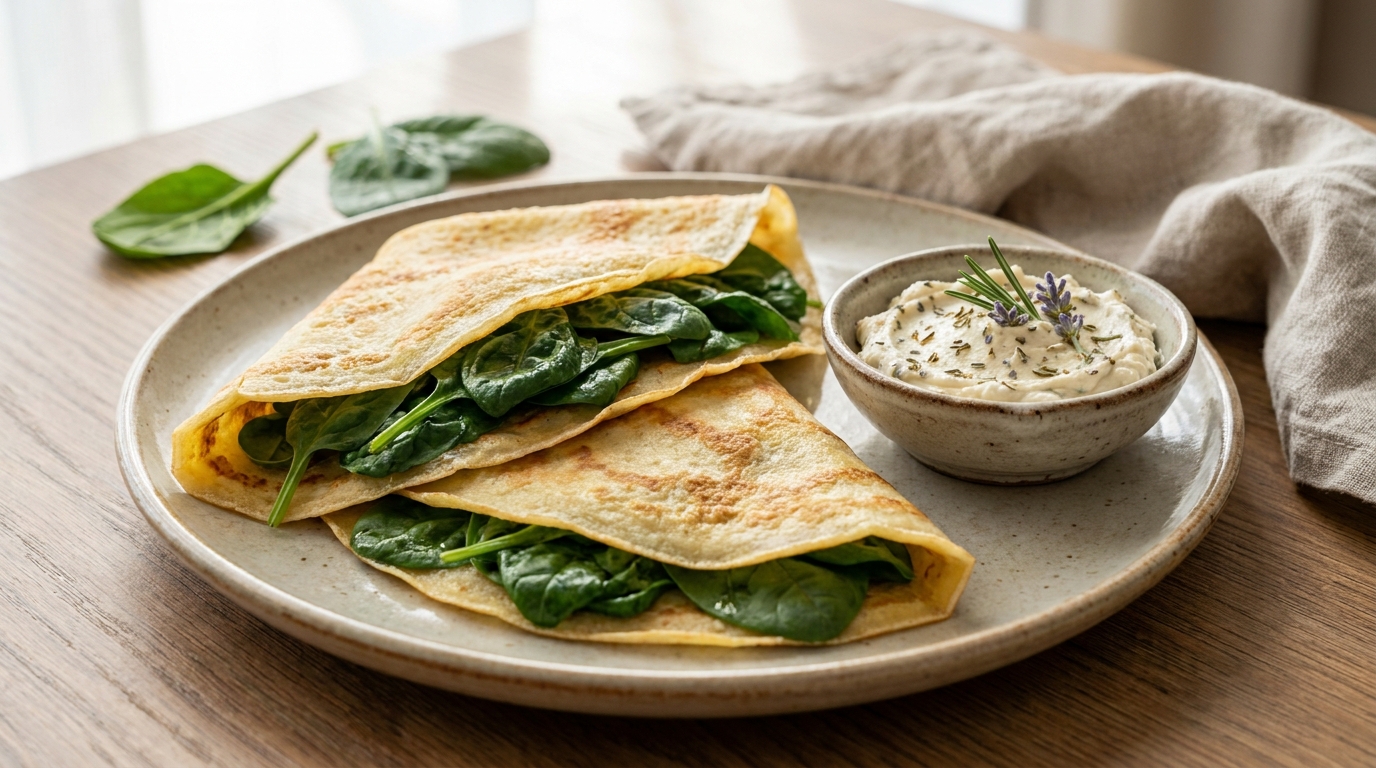 savourez des crêpes aux épinards moelleuses accompagnées d'une tartinade végétale parfumée aux herbes de provence, pour un repas sain et gourmand.