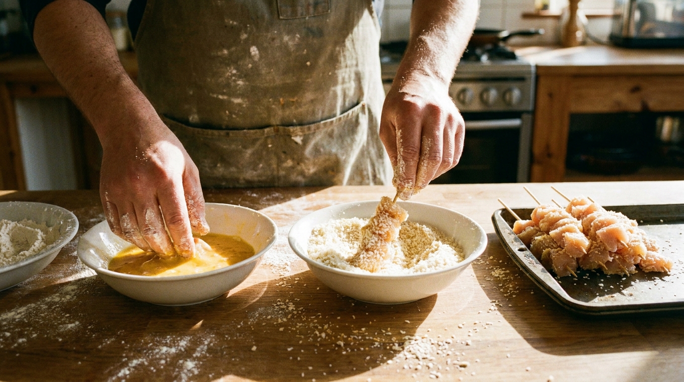 découvrez nos brochettes légères d’aiguillettes de poulet panées, servies avec une savoureuse sauce au fromage blanc et fines herbes, parfaites pour un repas gourmand et équilibré.