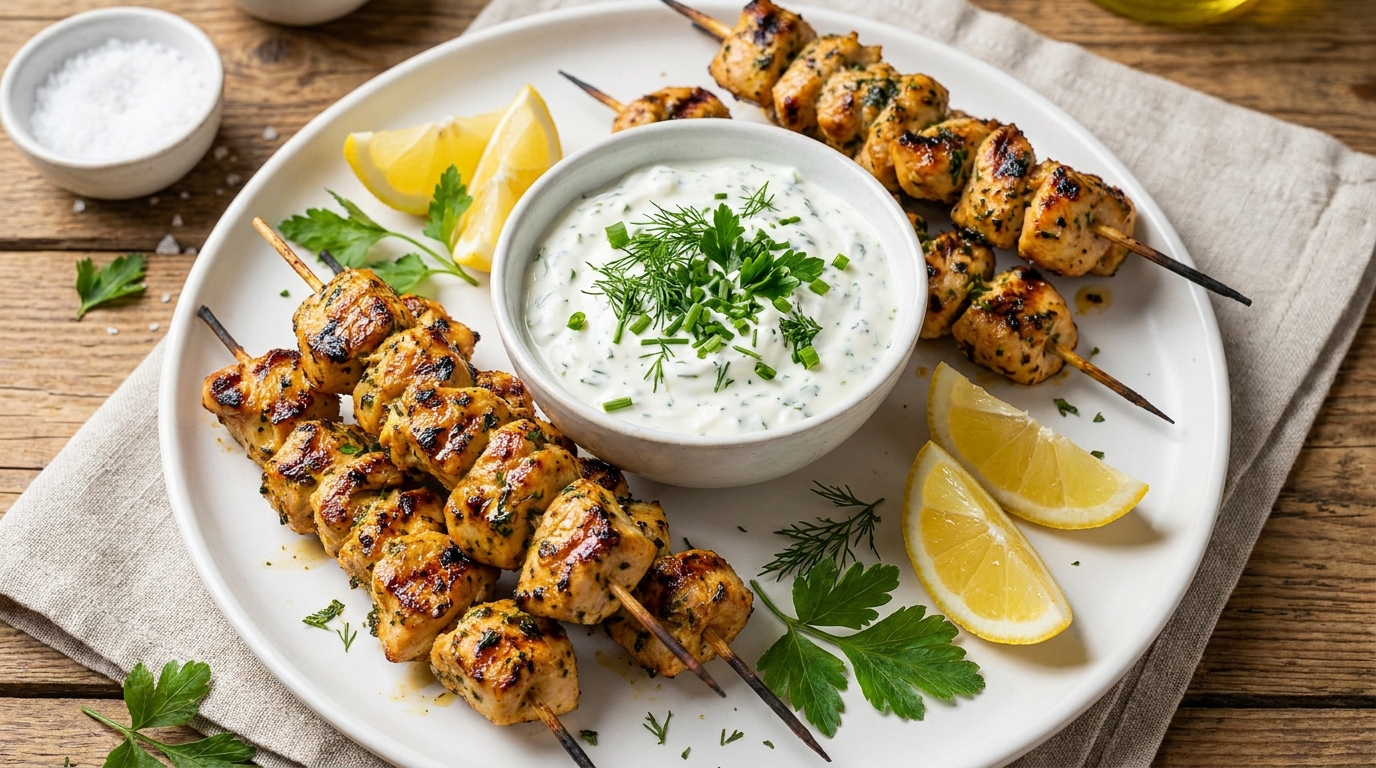 savourez des brochettes légères d’aiguillettes de poulet panées croustillantes, servies avec une sauce fraîche au fromage blanc et fines herbes, parfaites pour un repas gourmand et équilibré.