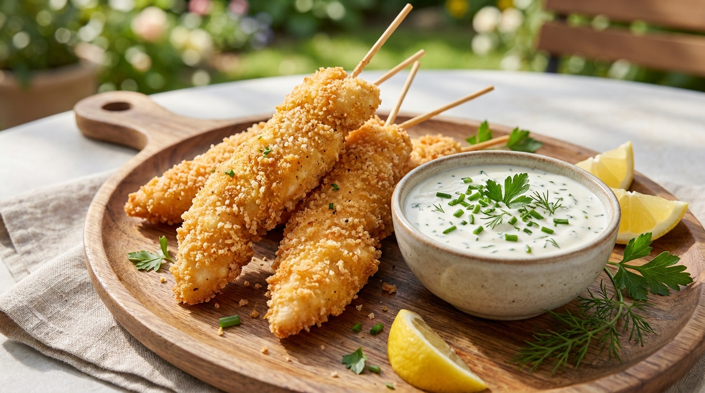 savourez nos brochettes légères d’aiguillettes de poulet panées, servies avec une sauce fraîche au fromage blanc et fines herbes, pour un repas gourmand et équilibré.