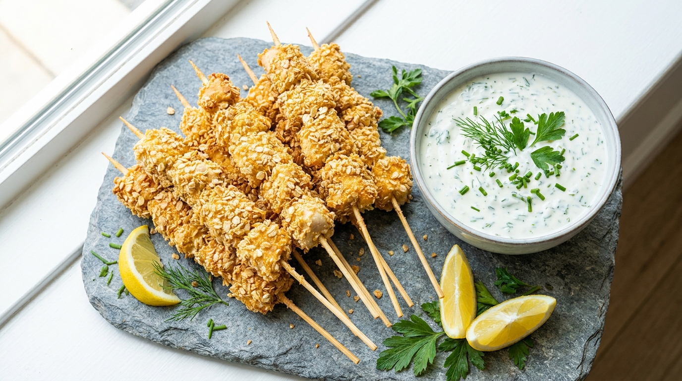 savourez nos brochettes légères d’aiguillettes de poulet panées, accompagnées d’une onctueuse sauce au fromage blanc et fines herbes, idéales pour un repas gourmand et équilibré.