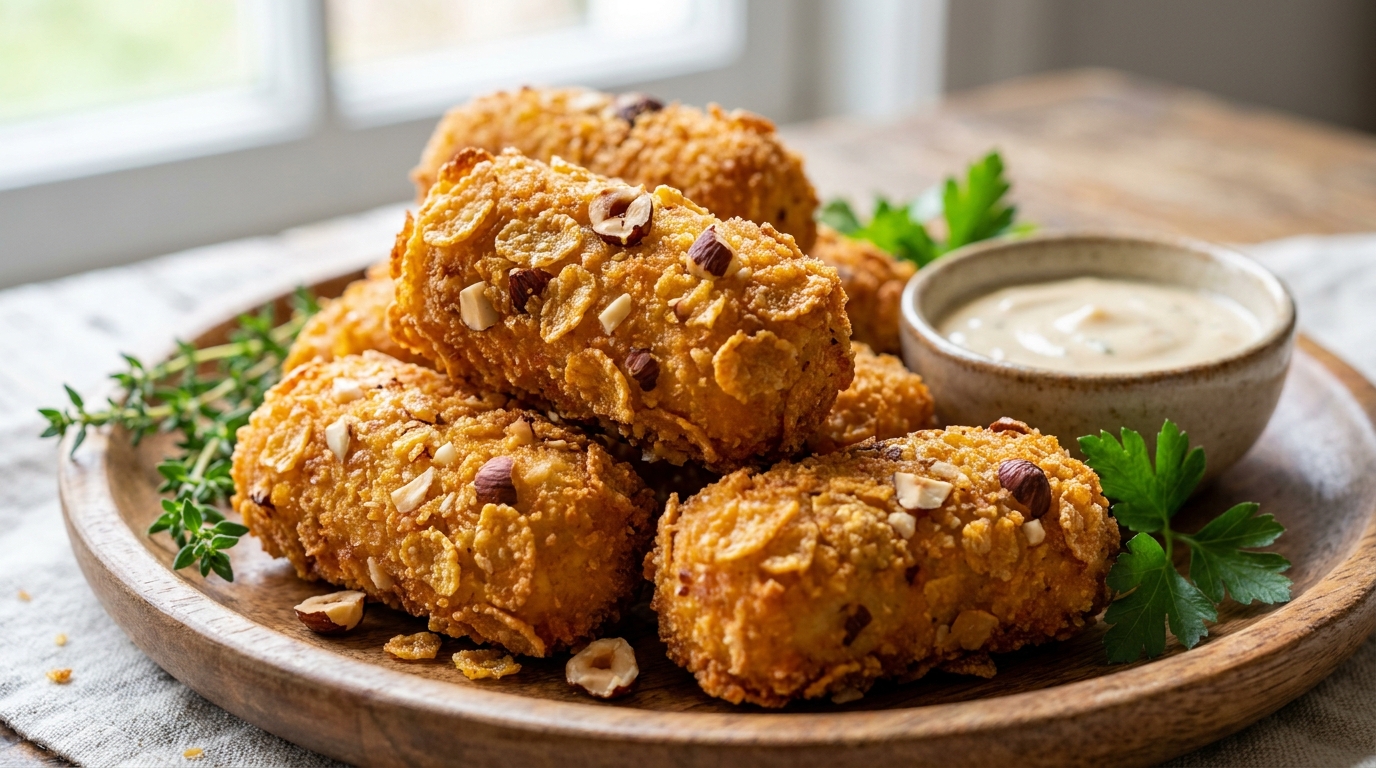 découvrez nos délicieuses croquettes de poulet légères, parfumées aux céréales spécial k et agrémentées de noisettes et amandes croquantes pour un repas savoureux et équilibré.