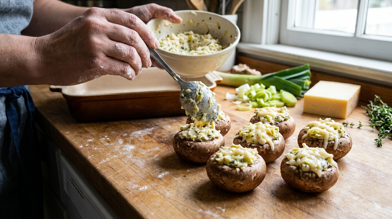 découvrez notre recette savoureuse de champignons farcis au poireau et fromage, idéale pour un repas gourmand et facile à préparer.