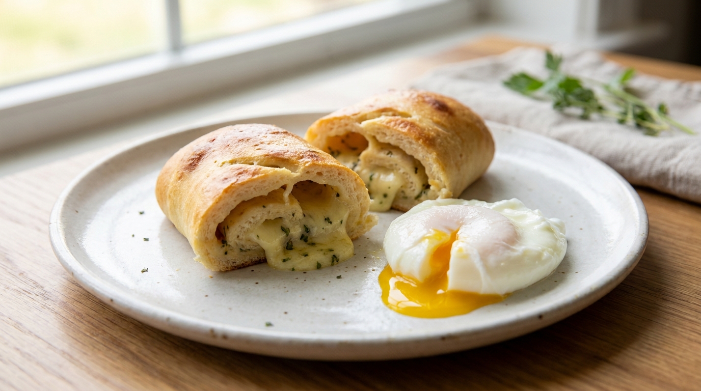 découvrez notre délicieux roulé au fromage frais, servi avec un œuf poché fondant, pour une entrée savoureuse et raffinée.