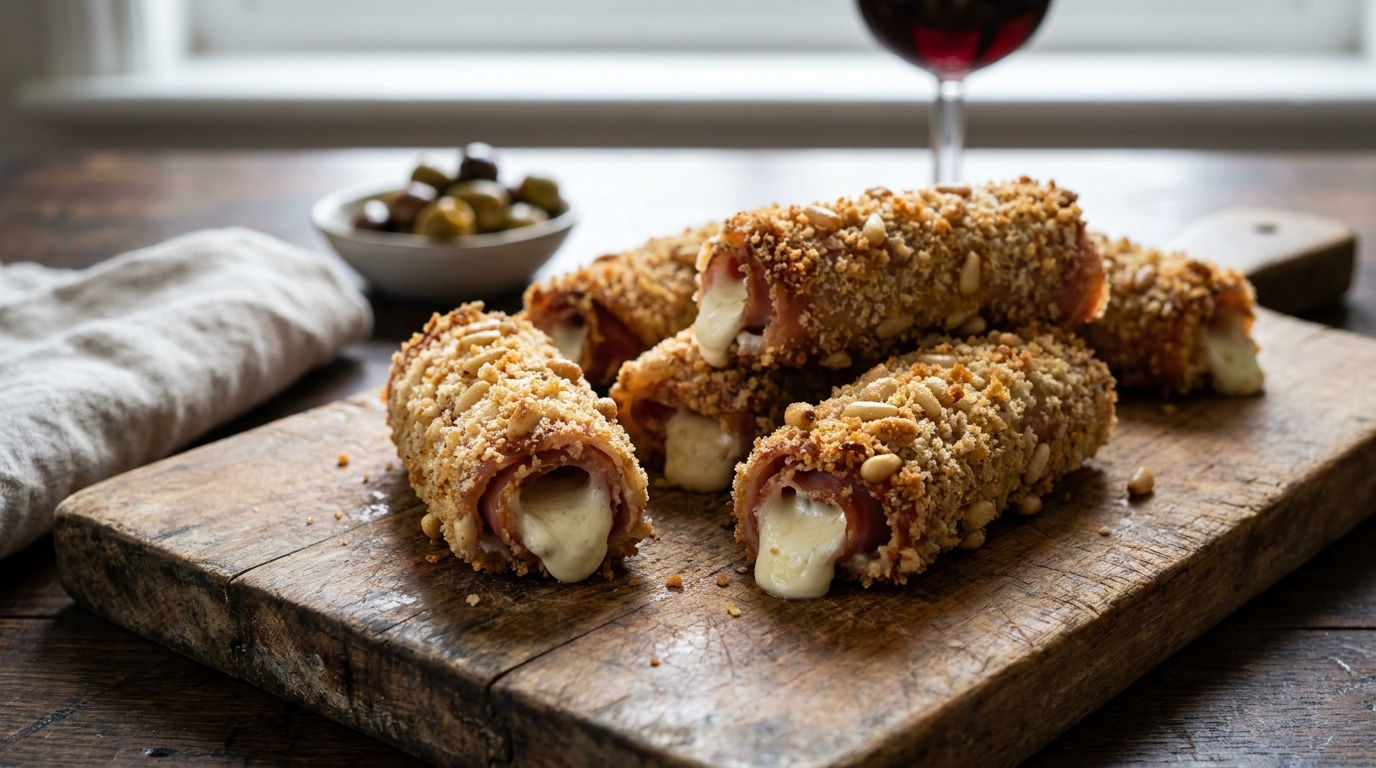savourez nos roulés de jambon de parme délicatement garnis de fromage frais et enveloppés d'une chapelure croustillante aux pignons de pin, pour une explosion de saveurs et de textures.