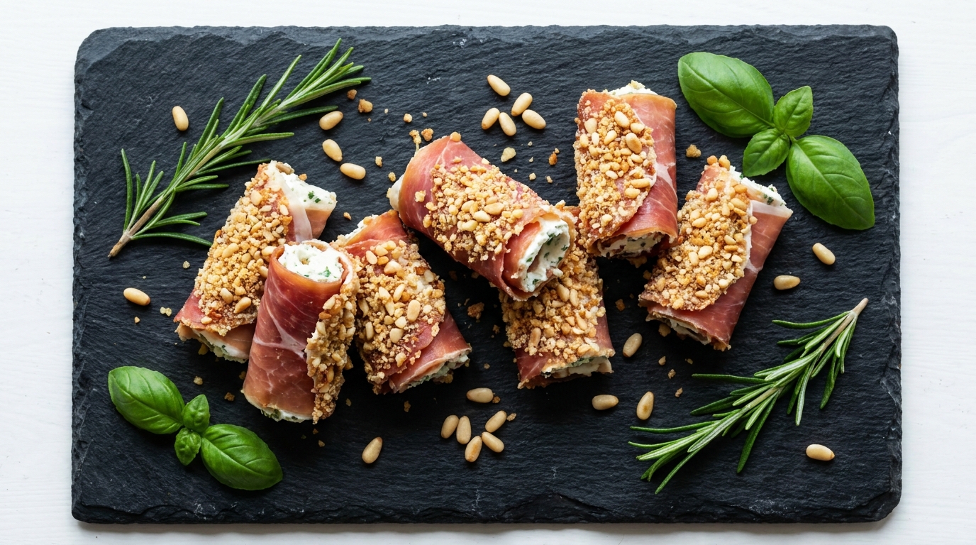 savourez nos roulés de jambon de parme délicatement garnis de fromage frais, enrobés d'une chapelure croustillante aux pignons de pin pour un plaisir gourmet irrésistible.