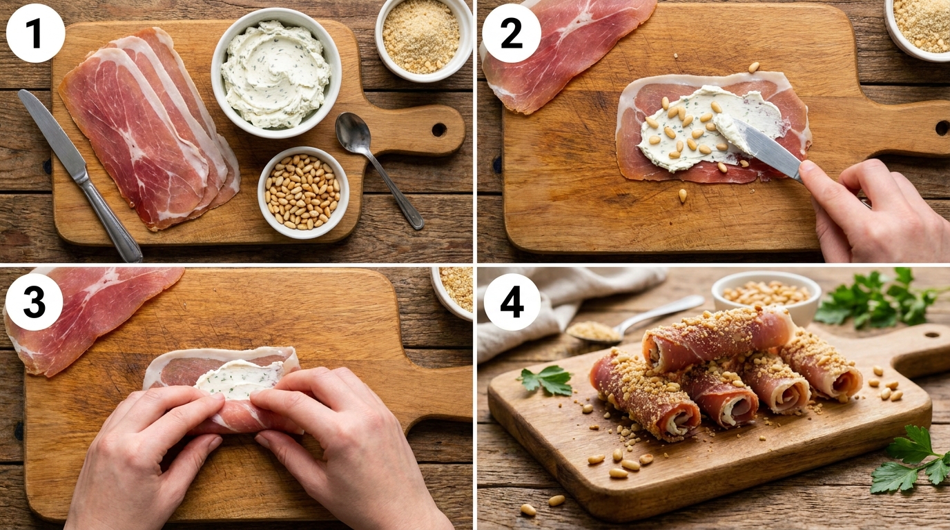 savourez ces délicieux roulés de jambon de parme garnis de fromage frais onctueux et enrobés d'une chapelure croustillante aux pignons de pin, pour une explosion de saveurs et de textures.