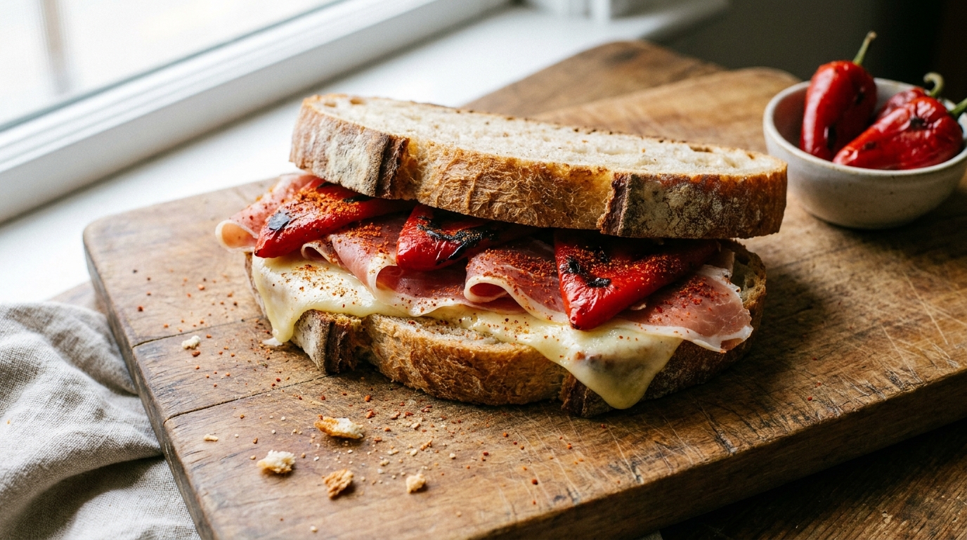 savourez un délicieux sandwich basque généreusement garni de fromage de brebis authentique, pour une expérience gourmande et traditionnelle.