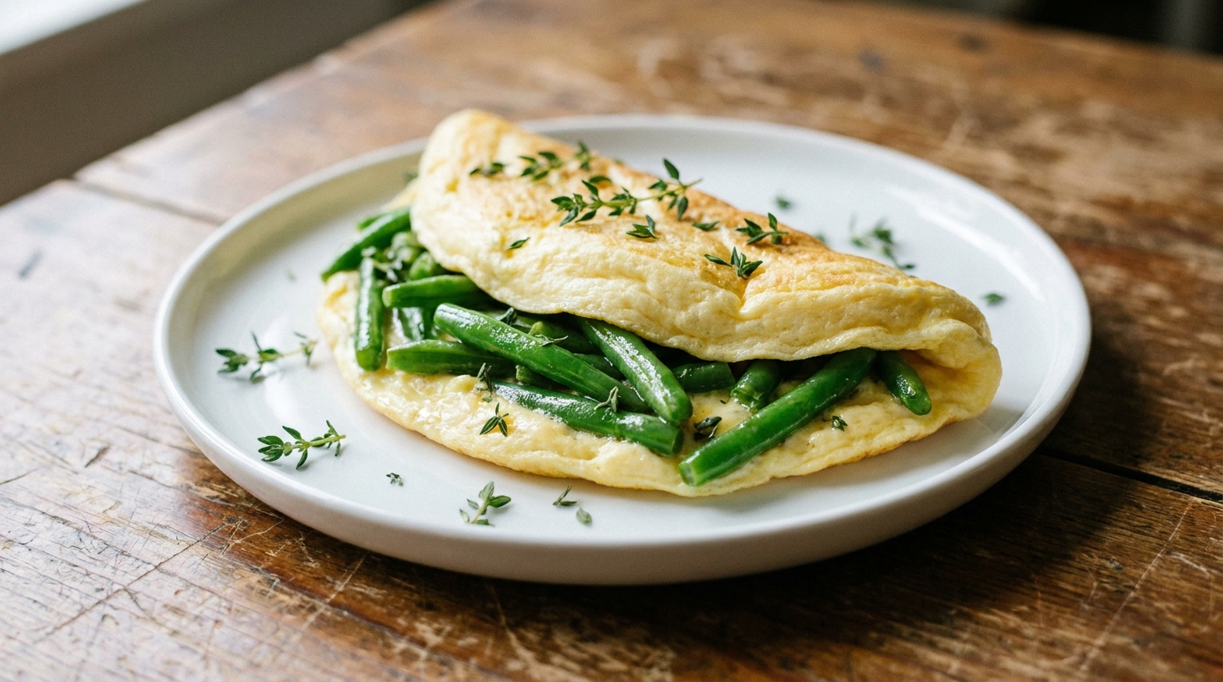 découvrez une omelette légère et moelleuse aux haricots verts frais, agrémentée d'un parfum délicat de thym pour une saveur authentique et raffinée.