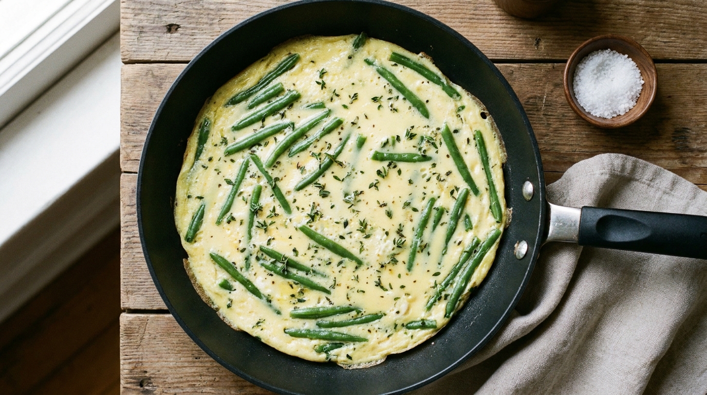 découvrez une omelette aérienne et légère aux haricots verts croquants, délicatement parfumée au thym frais pour un repas savoureux et raffiné.