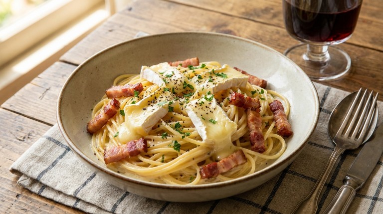 découvrez notre recette authentique de pâtes carbonara revisitées avec un camembert fondant pour un goût riche et crémeux, un vrai délice à partager.