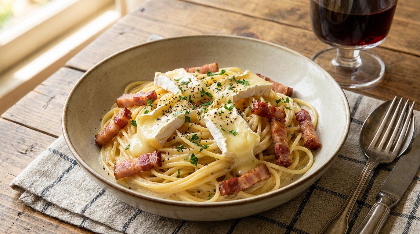 découvrez notre recette authentique de pâtes carbonara revisitées avec un camembert fondant pour un goût riche et crémeux, un vrai délice à partager.