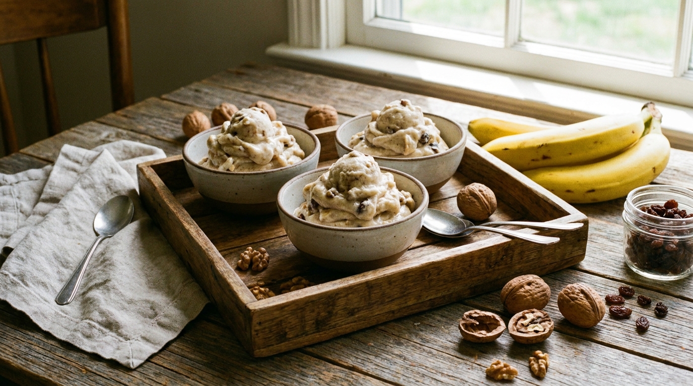 découvrez une recette express de glace légère à la banane, raisins et noix, parfaite pour un dessert gourmand et sain en quelques minutes.