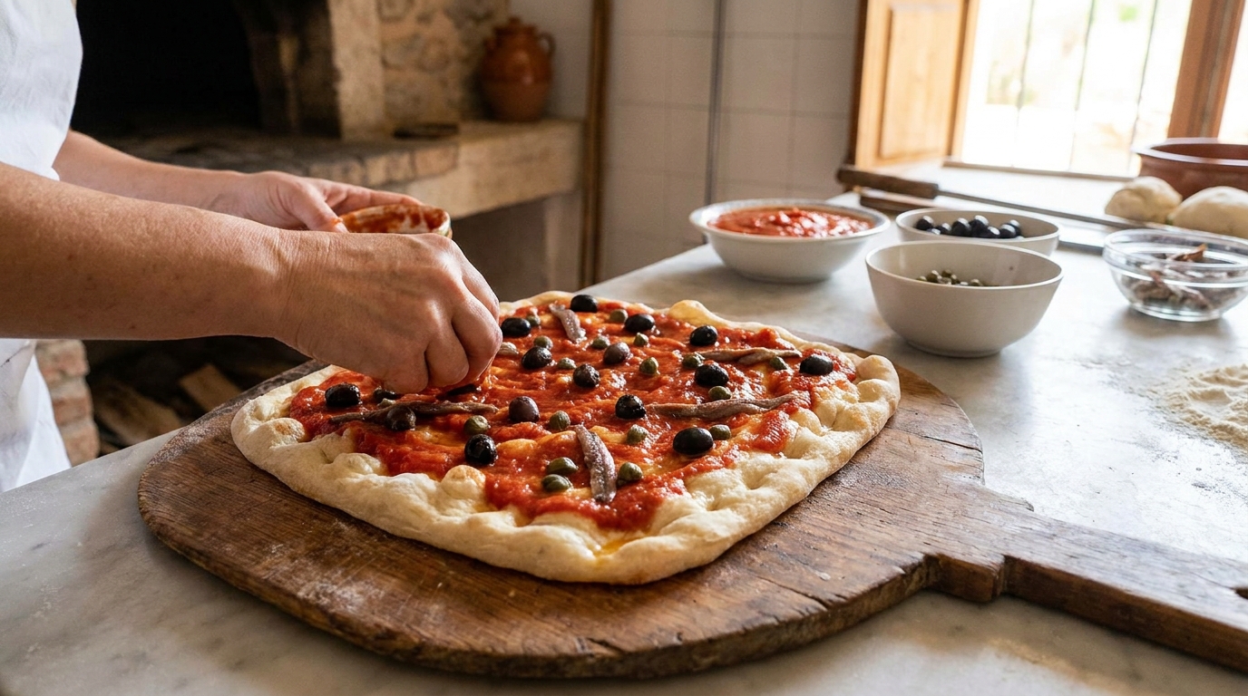 dégustez une pizza savoureuse garnie de fromage de chèvre frais à la manière traditionnelle majorquine pour une expérience gourmande unique.