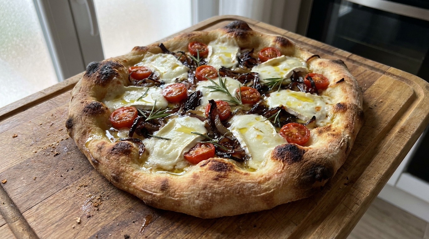 découvrez notre délicieuse pizza garnie de fromage de chèvre frais à la façon majorquine, un véritable régal gourmand aux saveurs authentiques de l'île.