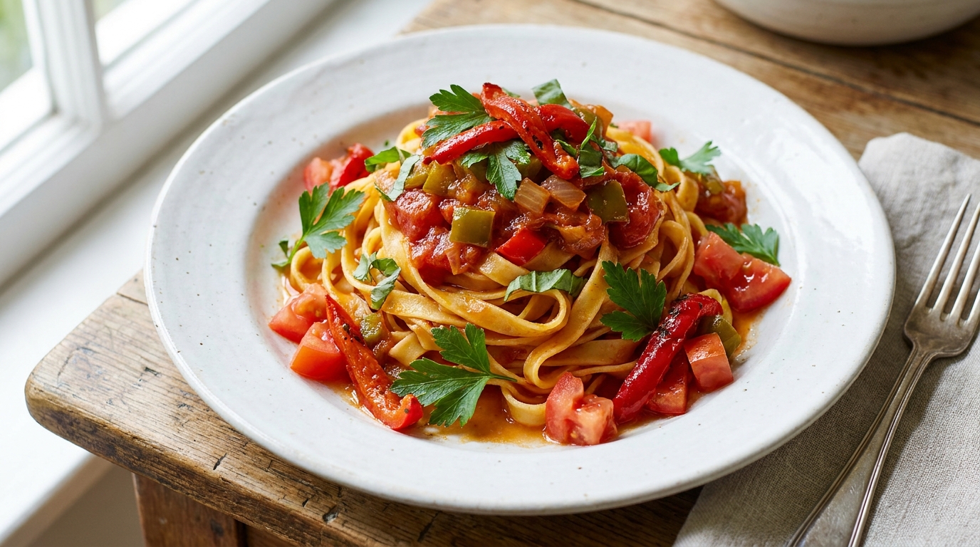 découvrez notre recette de tagliatelles légères à la basquaise, un plat savoureux alliant gourmandise et équilibre pour un repas sain et délicieux.
