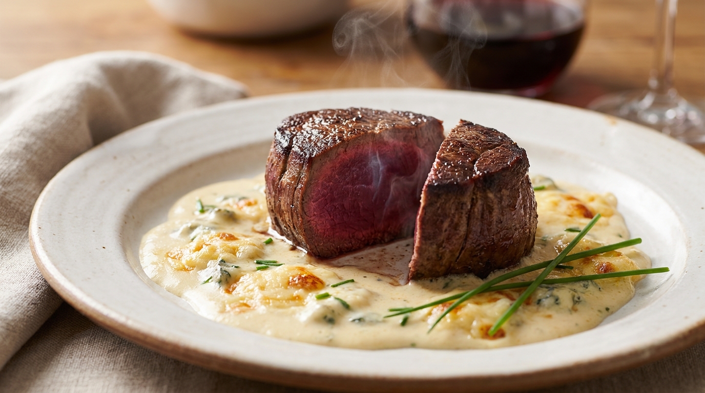découvrez notre recette de tournedos au bleu, un plat savoureux accompagné d'une sauce fromagère onctueuse pour un repas gourmand et raffiné.