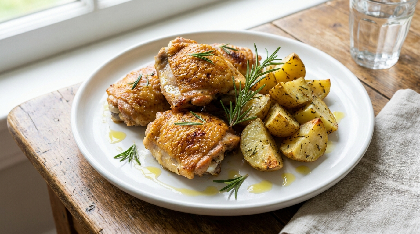 découvrez une recette facile et savoureuse de déjeûner léger au four avec des cuisses de poulet dorées et des pommes de terre rôties, parfait pour un repas gourmand et équilibré.