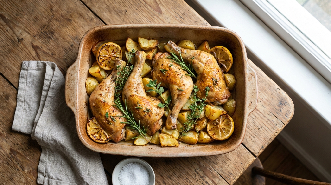 découvrez une recette facile et savoureuse de déjeuner léger au four avec des cuisses de poulet dorées et des pommes de terre rôties croustillantes, parfaite pour un repas équilibré et gourmand.