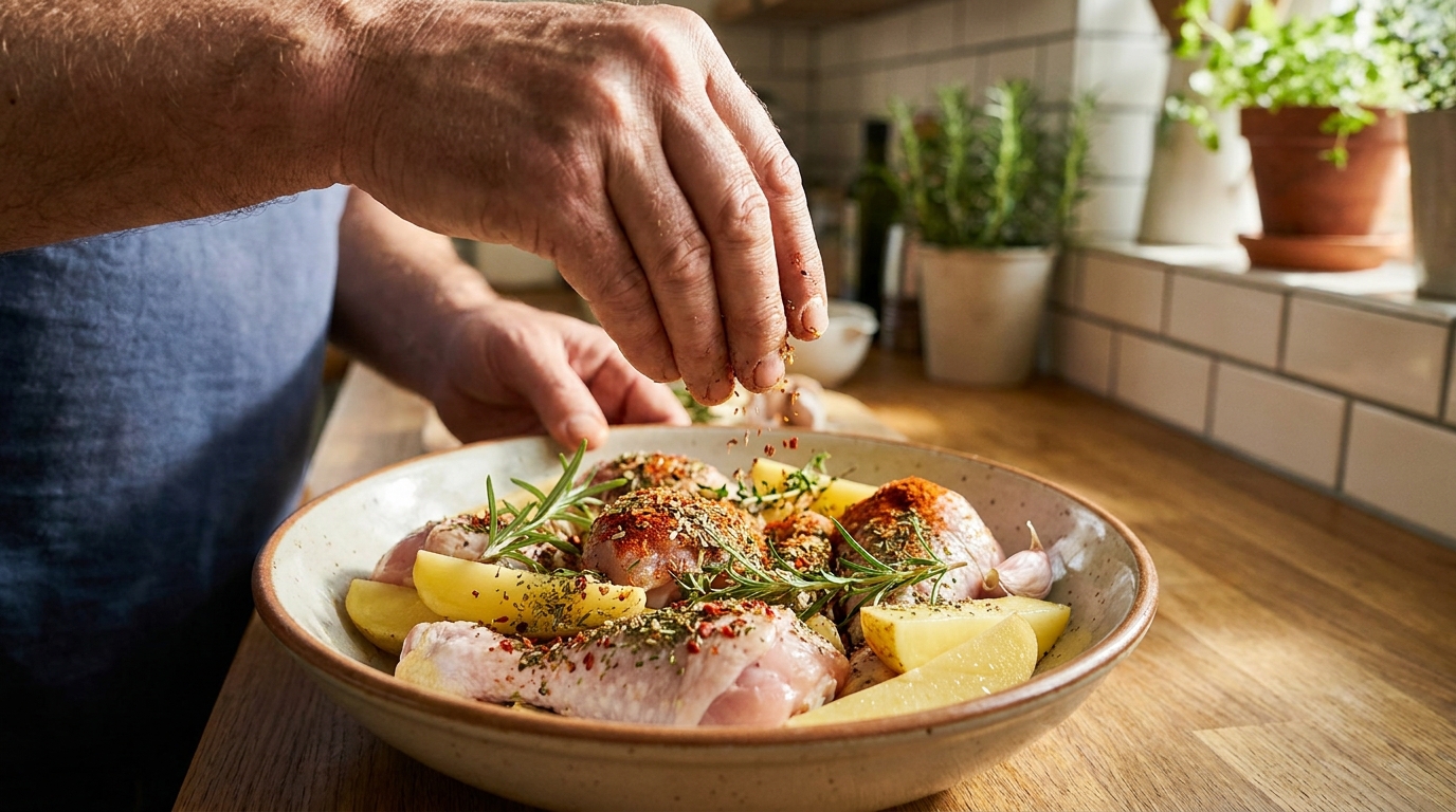 découvrez une recette de déjeuner léger au four avec des cuisses de poulet dorées à la perfection et des pommes de terre rôties savoureuses, simples et gourmandes.