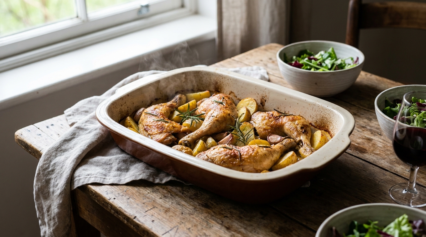découvrez une recette simple et savoureuse pour un déjeuner léger au four avec des cuisses de poulet dorées et des pommes de terre rôties croustillantes, parfait pour un repas équilibré et gourmand.