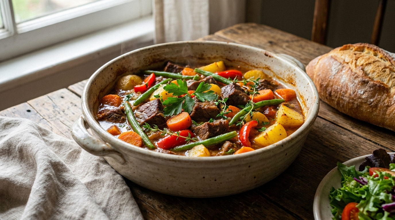 découvrez une recette simple et saine pour un déjeuner léger : une savoureuse casserole de bœuf accompagnée de légumes colorés, parfaite pour allier plaisir et nutrition.