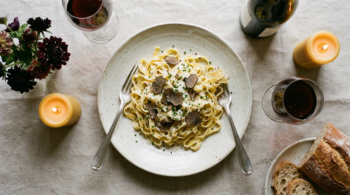 découvrez une recette légère et raffinée de délicates pâtes à la truffe, parfaite pour un repas en amoureux ou un dîner élégant pour deux personnes.