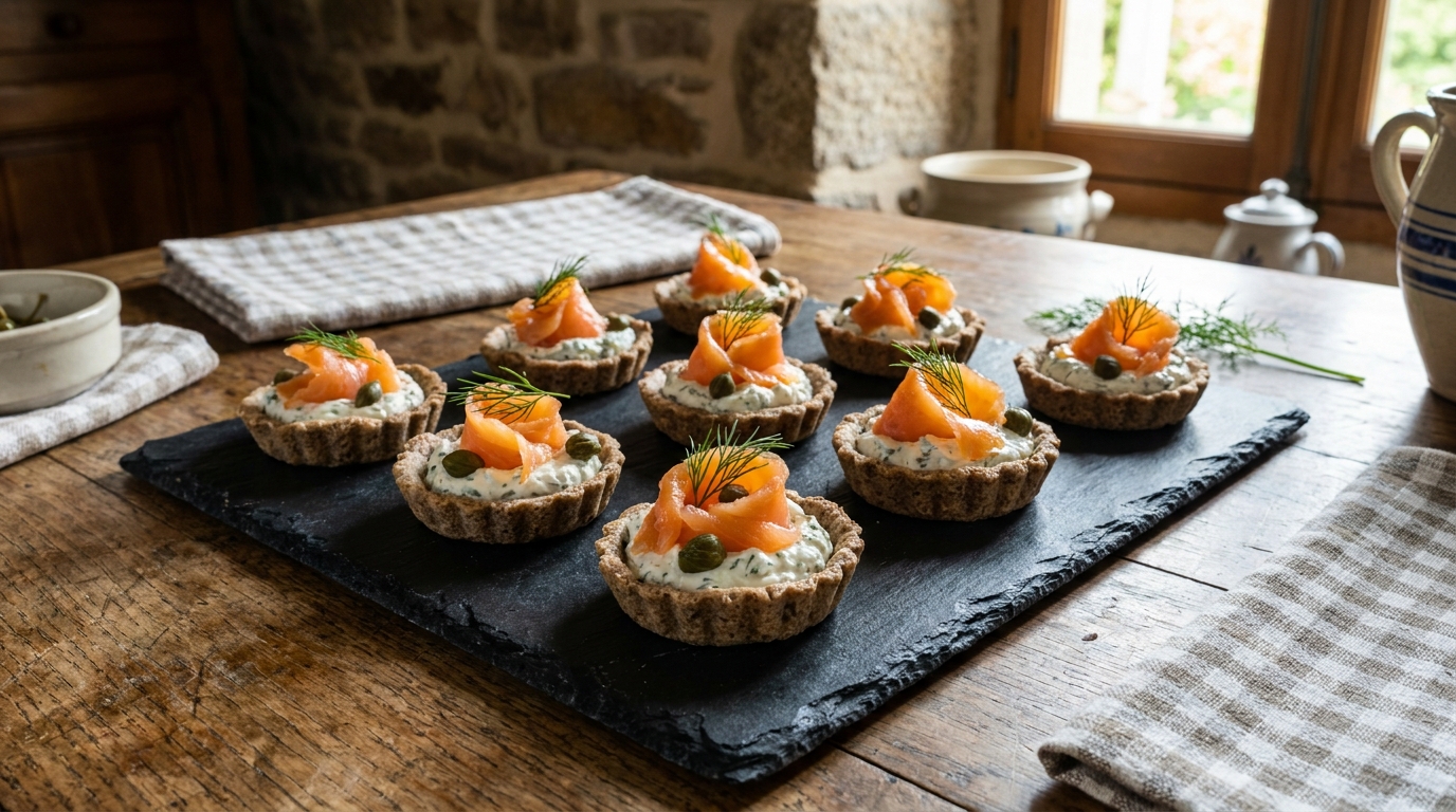 savourez les délices bretons avec nos tartelettes de blé noir garnies de fromage frais, ail, fines herbes et saumon fumé, pour une expérience gourmande et authentique.