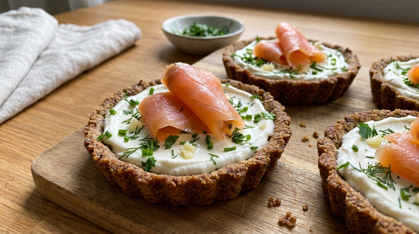 savourez nos délices bretons : tartelettes croustillantes de blé noir garnies de fromage frais onctueux, ail, fines herbes aromatiques et saumon fumé délicat, pour une expérience gustative raffinée et authentique.