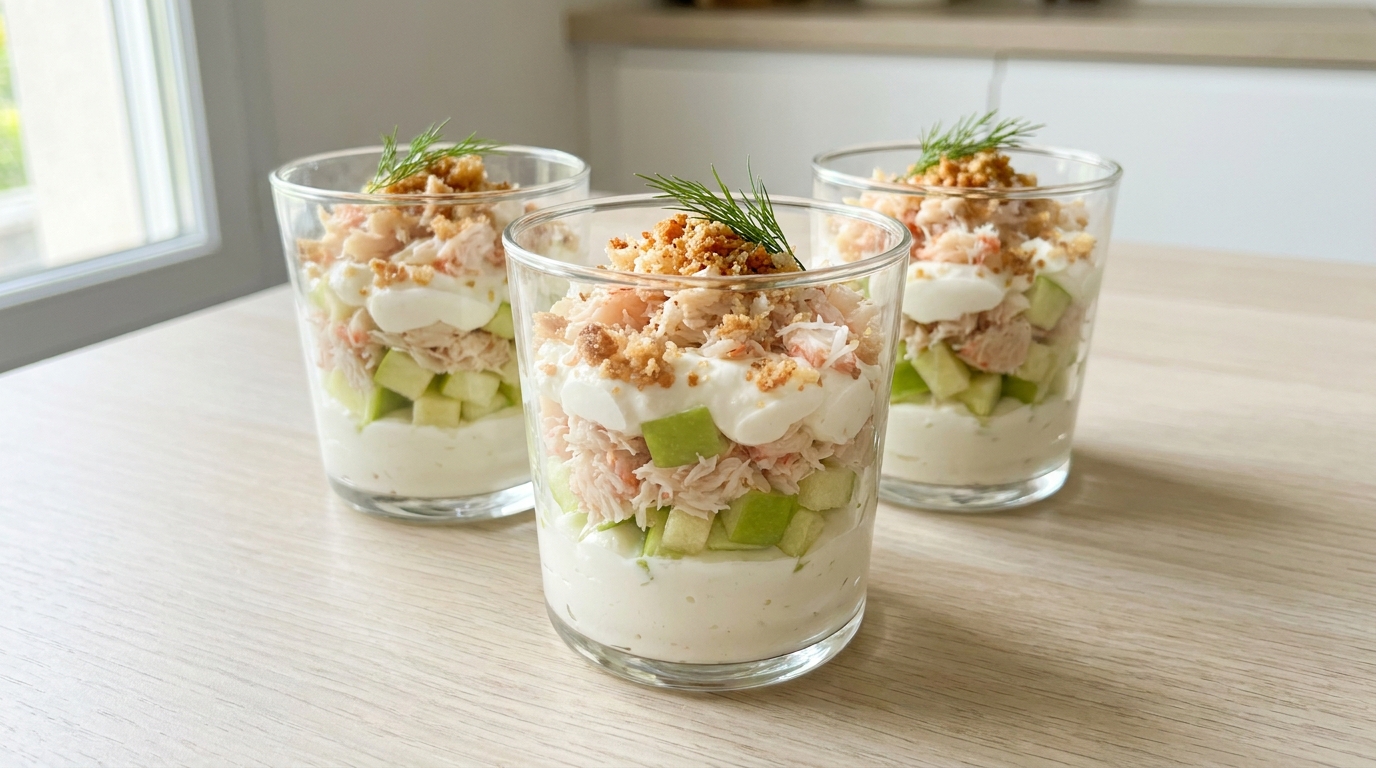 découvrez la fraîcheur croquante des verrines pomme verte et tourteau au fromage frais, une recette légère et gourmande parfaite pour vos apéritifs raffinés.