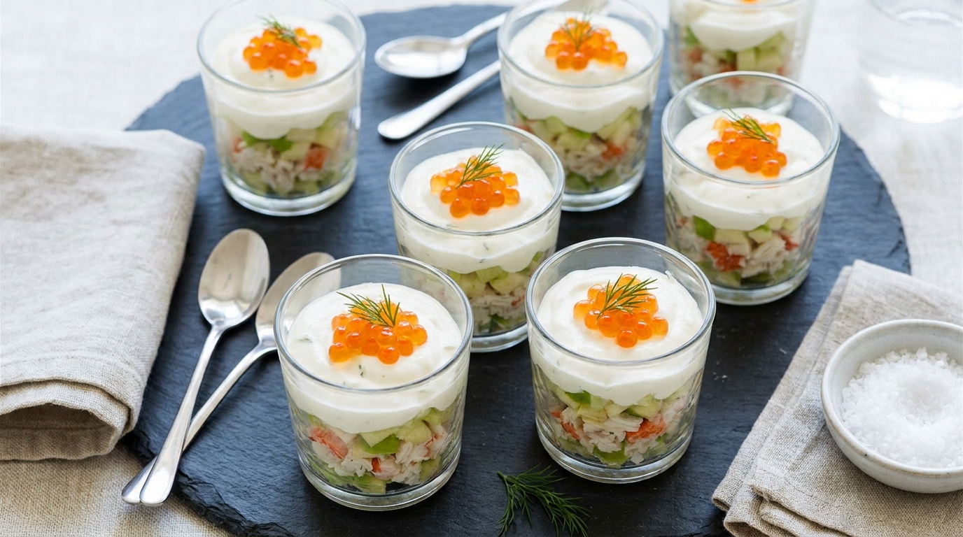 découvrez notre recette de verrines fraîches alliant la croquante pomme verte et le tourteau délicat au fromage frais, pour un délice léger et raffiné.