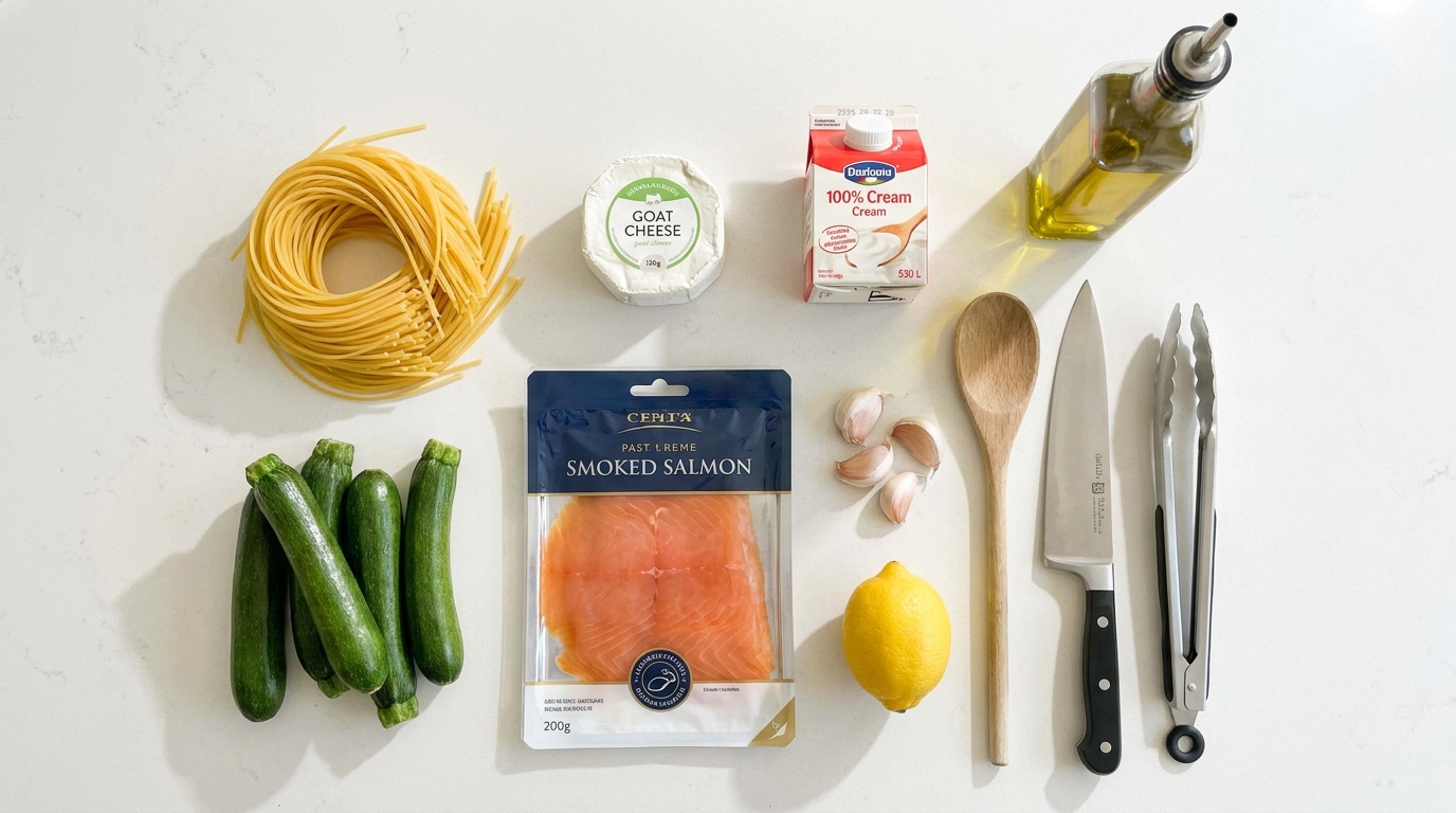 savourez un délicieux plat de spaghettis aux courgettes et saumon fumé, généreusement nappé d'une sauce onctueuse au chèvre frais, pour une expérience gourmande et raffinée.