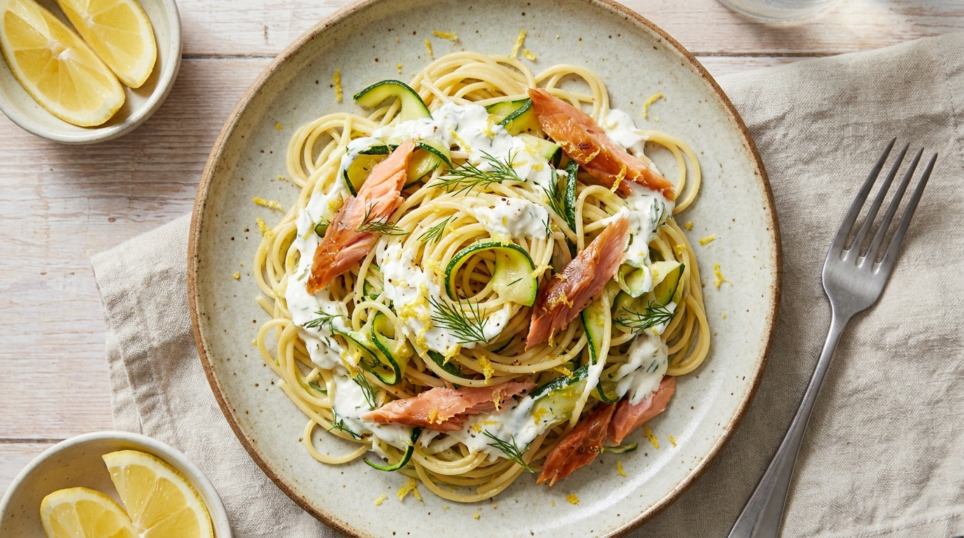 savourez un délice de spaghettis aux courgettes et saumon fumé, généreusement nappés d'une sauce onctueuse au chèvre frais pour un repas gourmand et raffiné.
