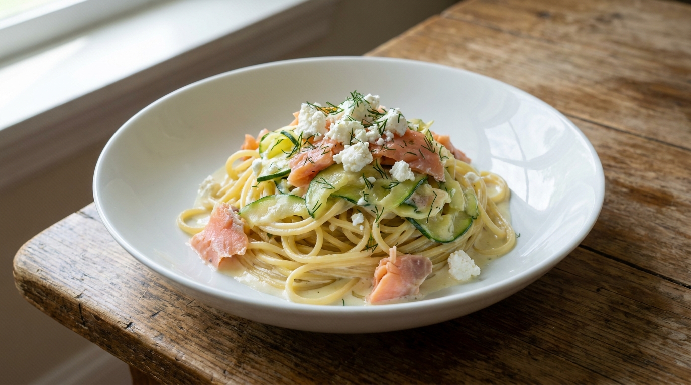 savourez un délice de spaghettis aux courgettes et saumon fumé, généreusement nappés d'une sauce onctueuse au chèvre frais, pour un repas gourmand et équilibré.